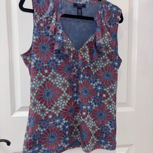 Chaps Blue and Red Patterned Sleeveless Blouse
